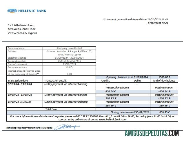 Chipre Hellenic Bank Business Bank Extrato Scr amostra